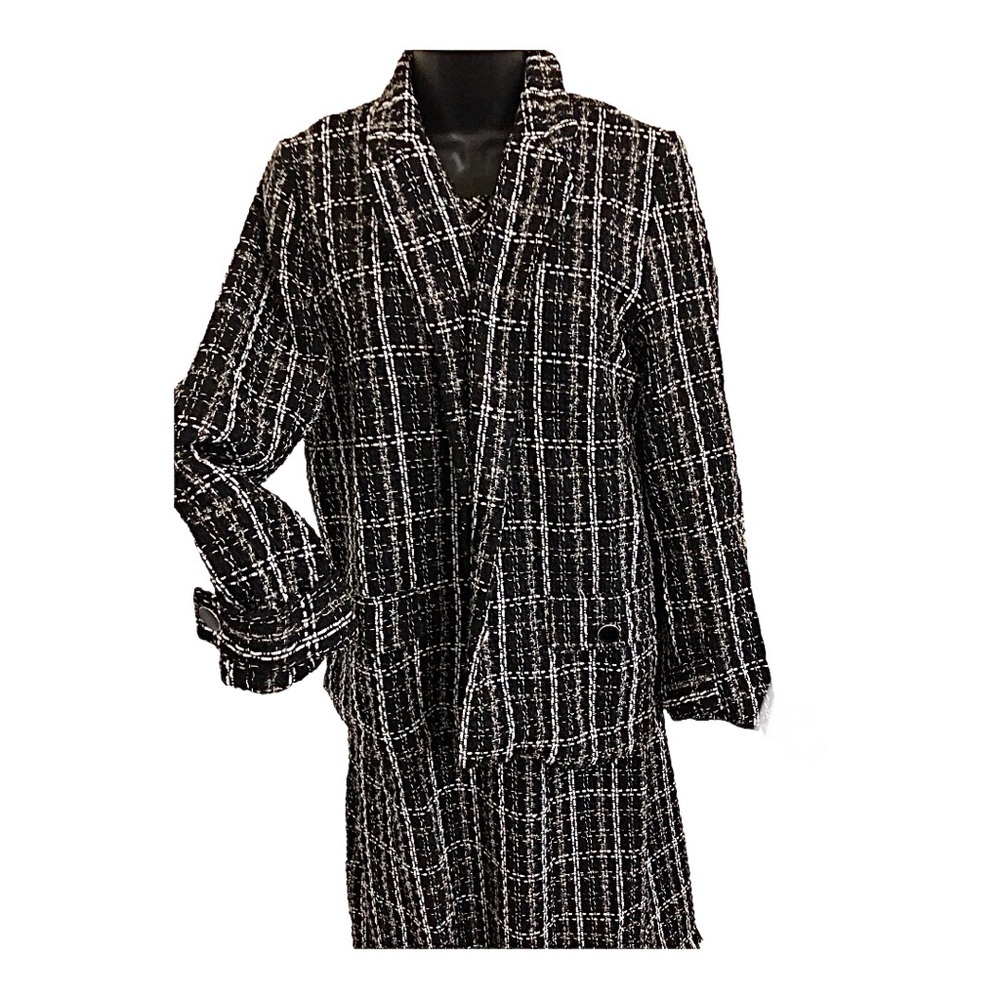 Black white marbled tweed boucle look raw hem 2pc jacket & dress suit set size L